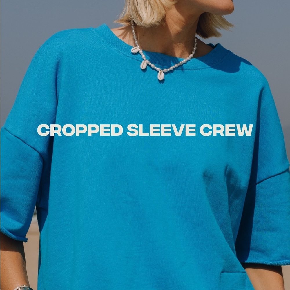 Blue Cropped Sleeve Crew Sweatshirt